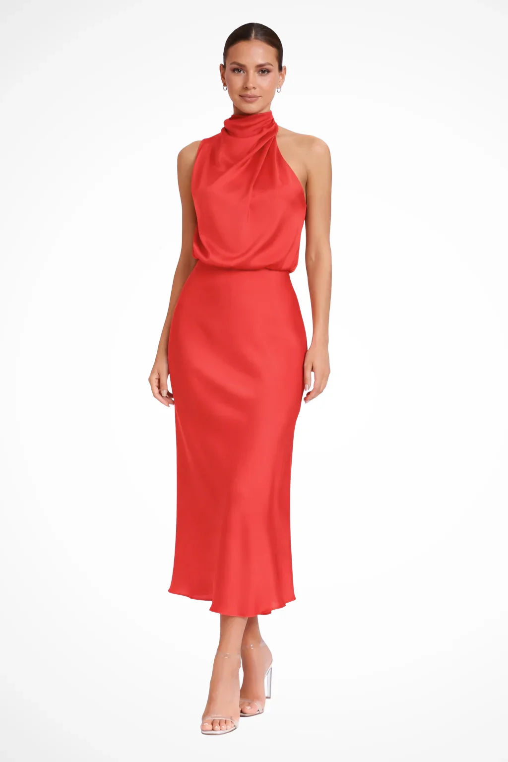 Eloise | Women's Halter Neck Formal Midi Dress with Drape Neckline
