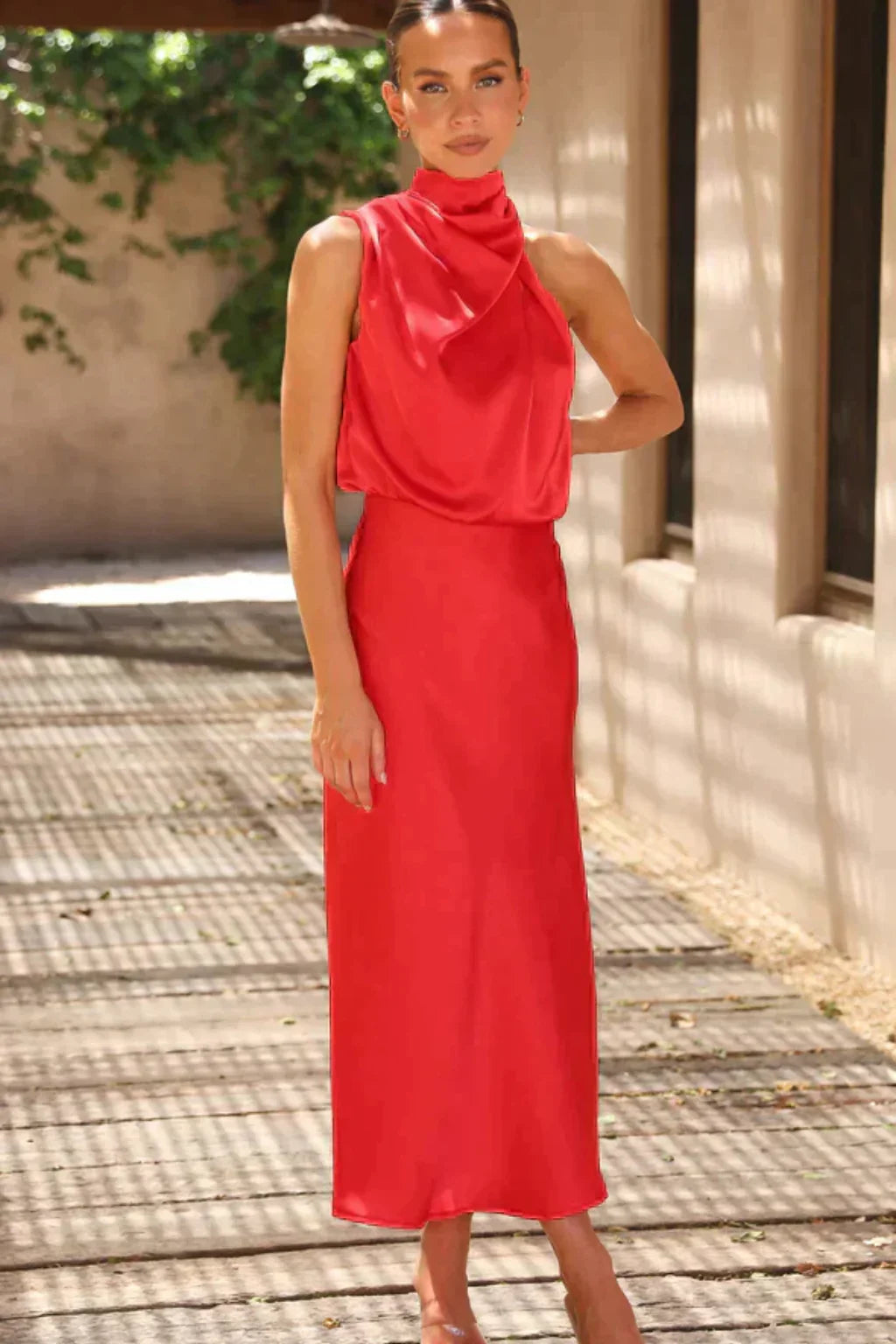 Eloise | Women's Halter Neck Formal Midi Dress with Drape Neckline