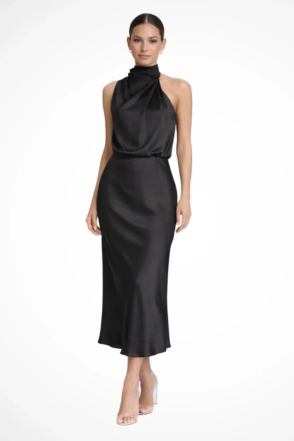 Eloise | Women's Halter Neck Formal Midi Dress with Drape Neckline