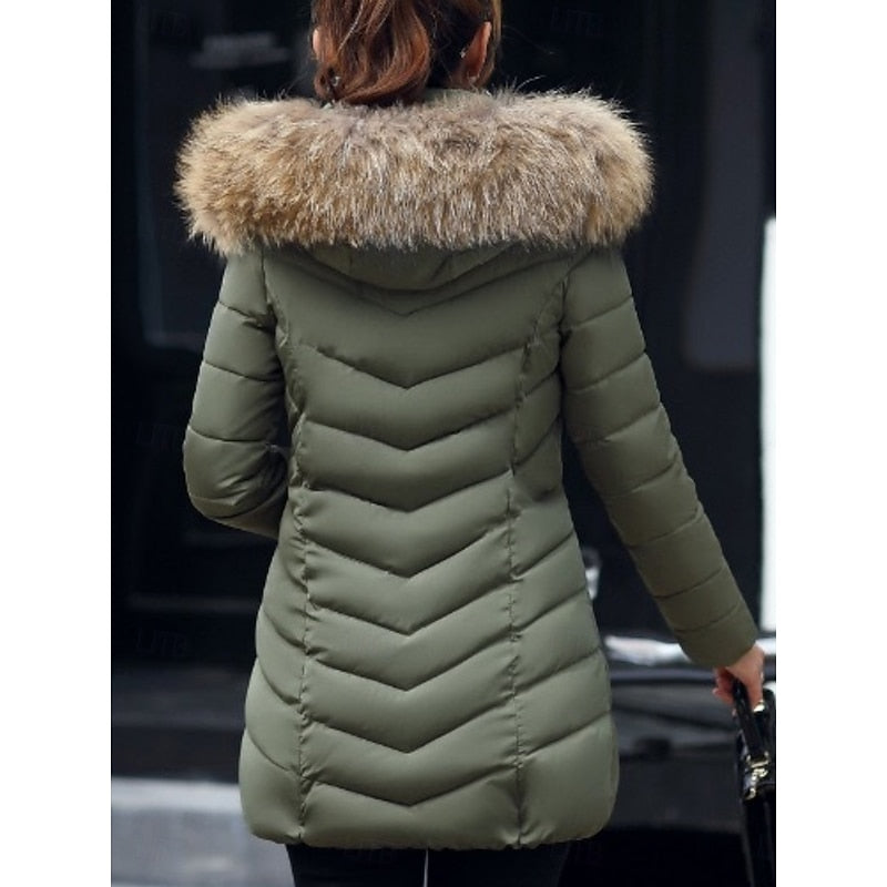 Women's Parka with Quilted Panels and Hood | Zip Closure, Pockets | For Winter | Size M-3XL | Wine Red, Red, Army Green, Black