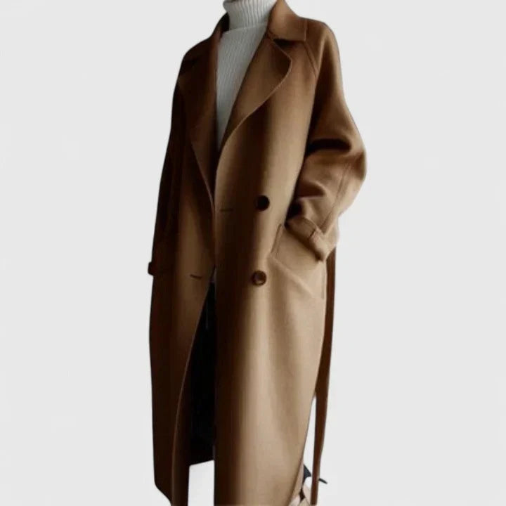 Women's Double-Breasted Notch-Lapel Long Coat Beige
