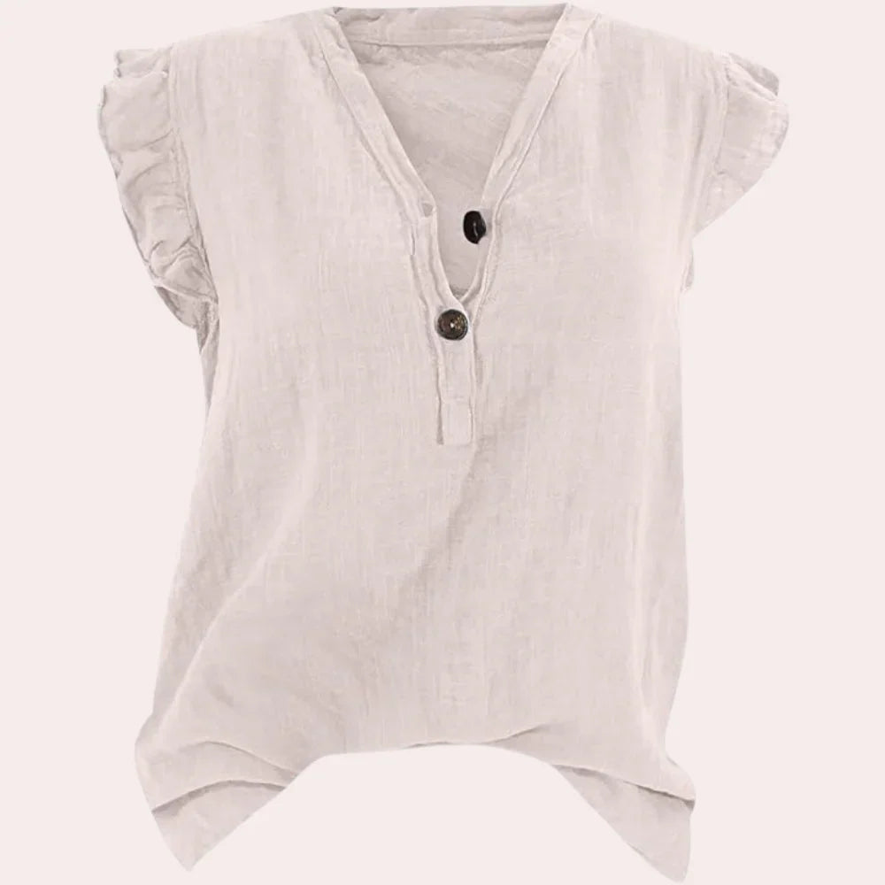 Emily | Women's V-Neck Button Up Ruffle Sleeve T-Shirt Blouse