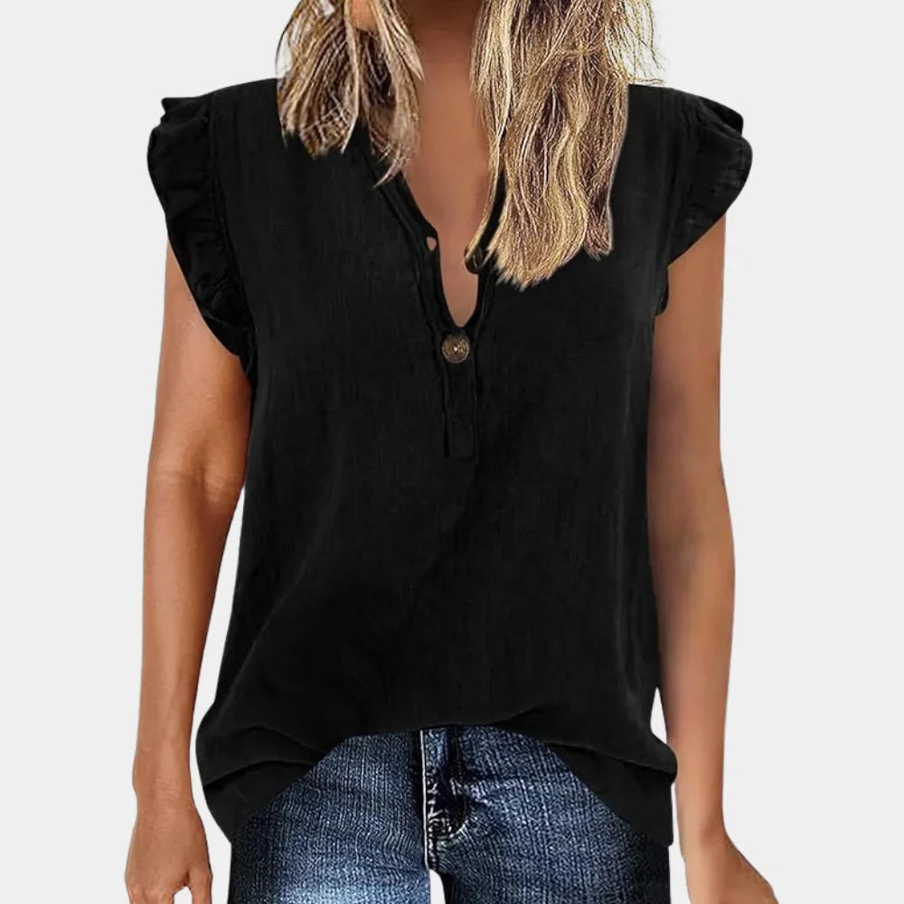Emily | Women's V-Neck Button Up Ruffle Sleeve T-Shirt Blouse