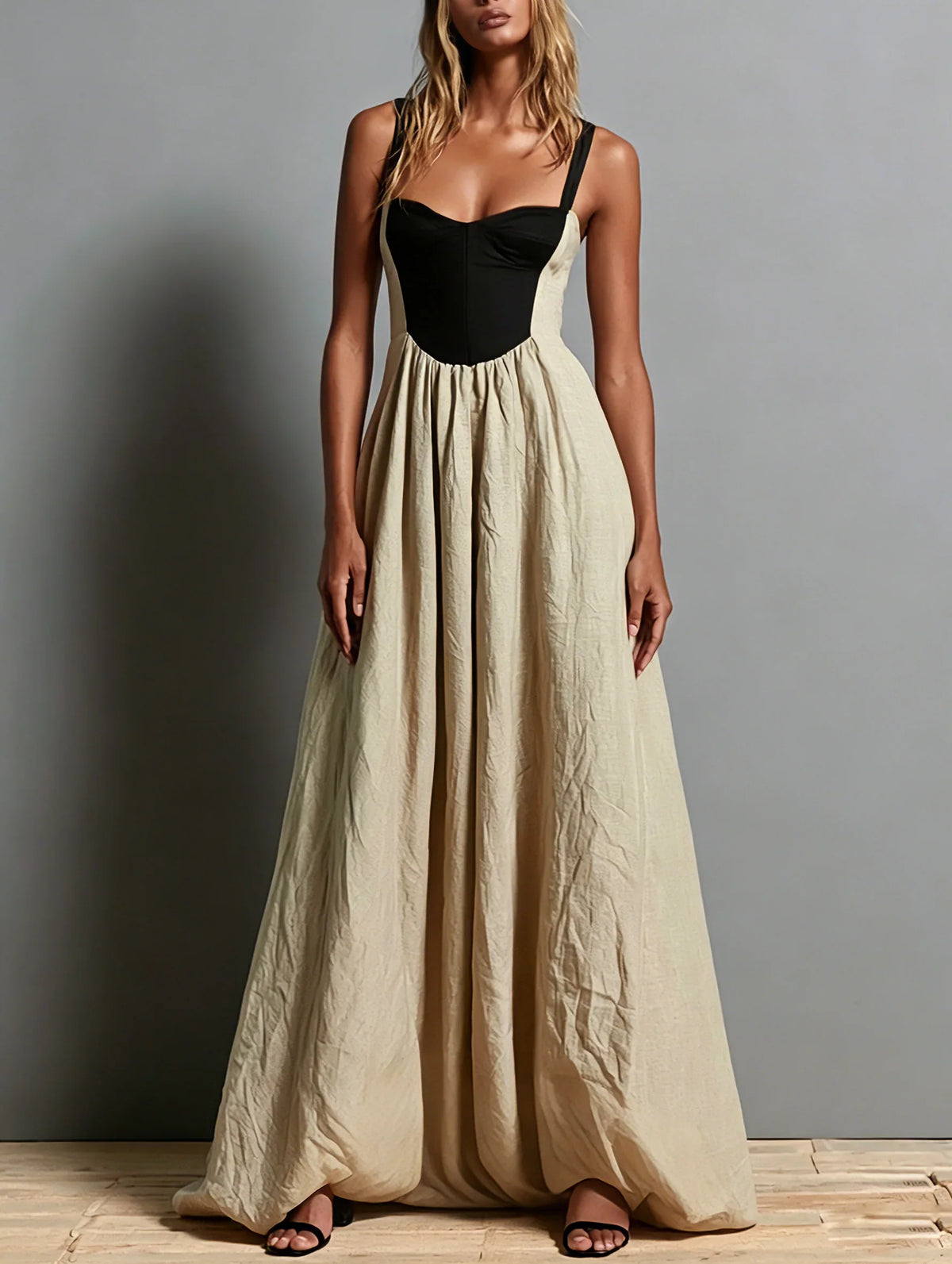 Emma | Square Neck Sleeveless Khaki Sundress
