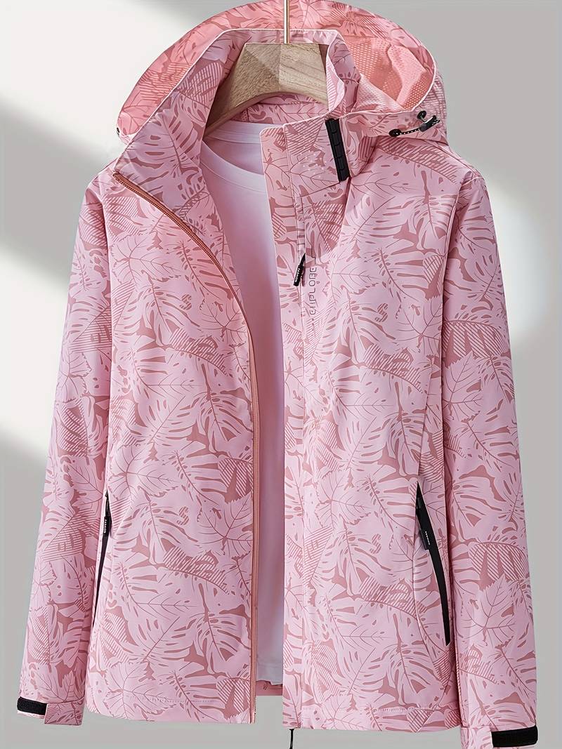 Women's Leaf Print Hooded Rain Jacket, Hip Length, Long Sleeves