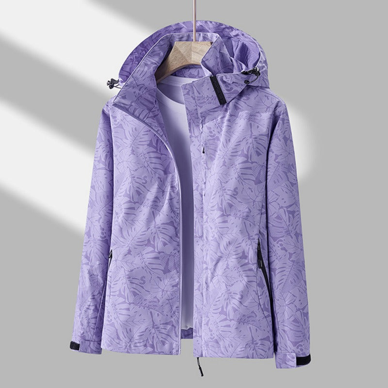 Women's Leaf Print Hooded Rain Jacket, Hip Length, Long Sleeves