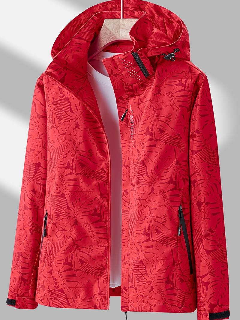 Women's Leaf Print Hooded Rain Jacket, Hip Length, Long Sleeves