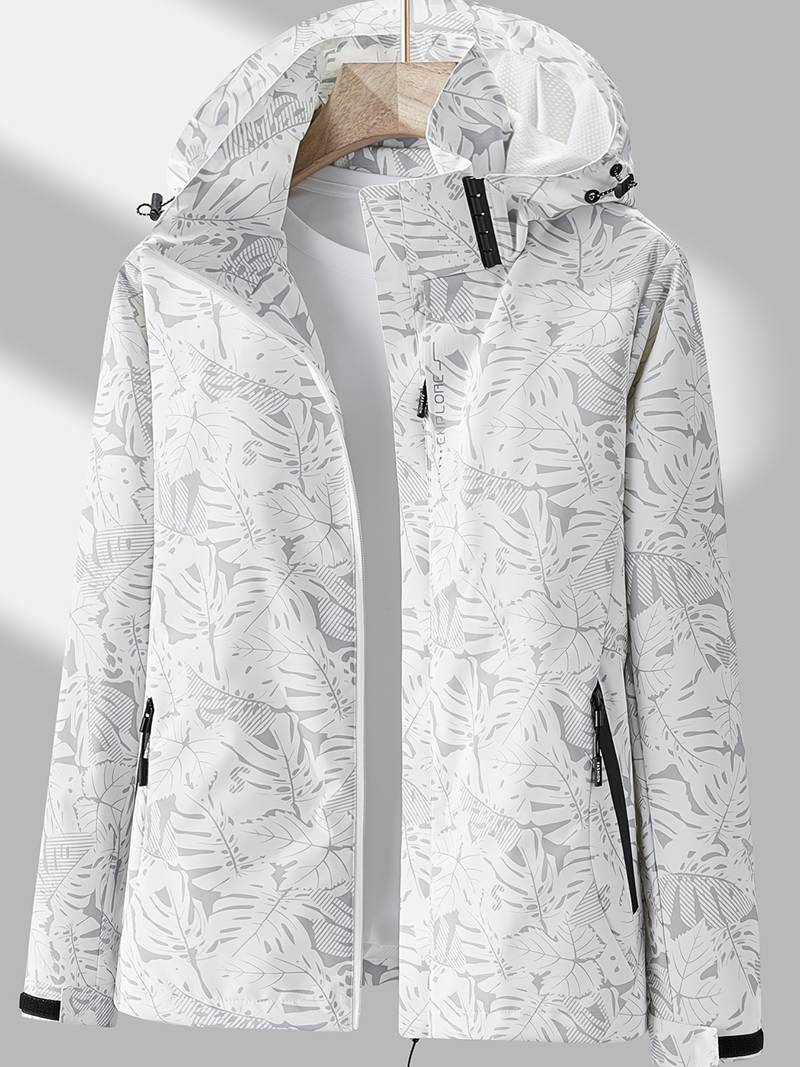 Women's Leaf Print Hooded Rain Jacket, Hip Length, Long Sleeves