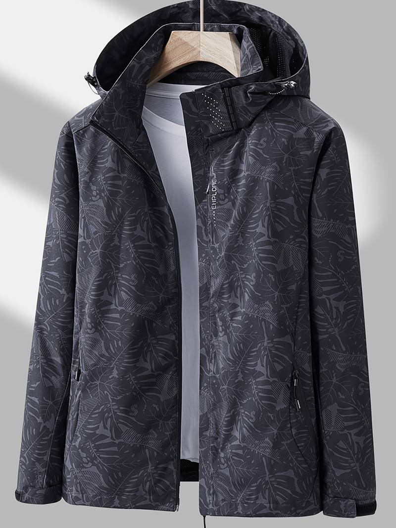 Women's Leaf Print Hooded Rain Jacket, Hip Length, Long Sleeves