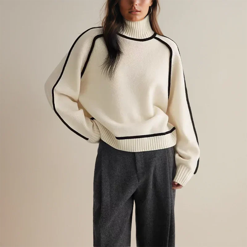 Emma | Women's Ribbed Knit Contrast Trim Turtleneck Sweater with Ribbed Cuffs
