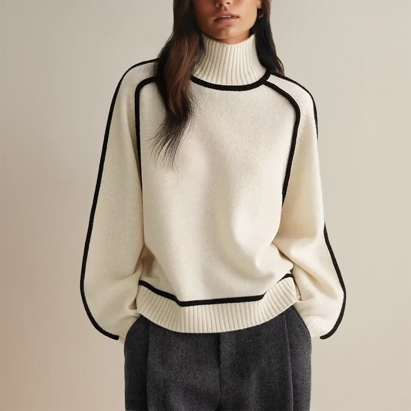 Emma | Women's Ribbed Knit Contrast Trim Turtleneck Sweater with Ribbed Cuffs