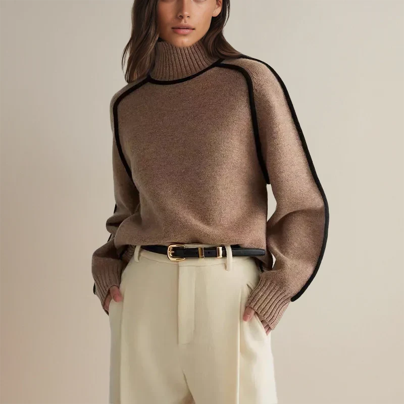 Emma | Women's Ribbed Knit Contrast Trim Turtleneck Sweater with Ribbed Cuffs