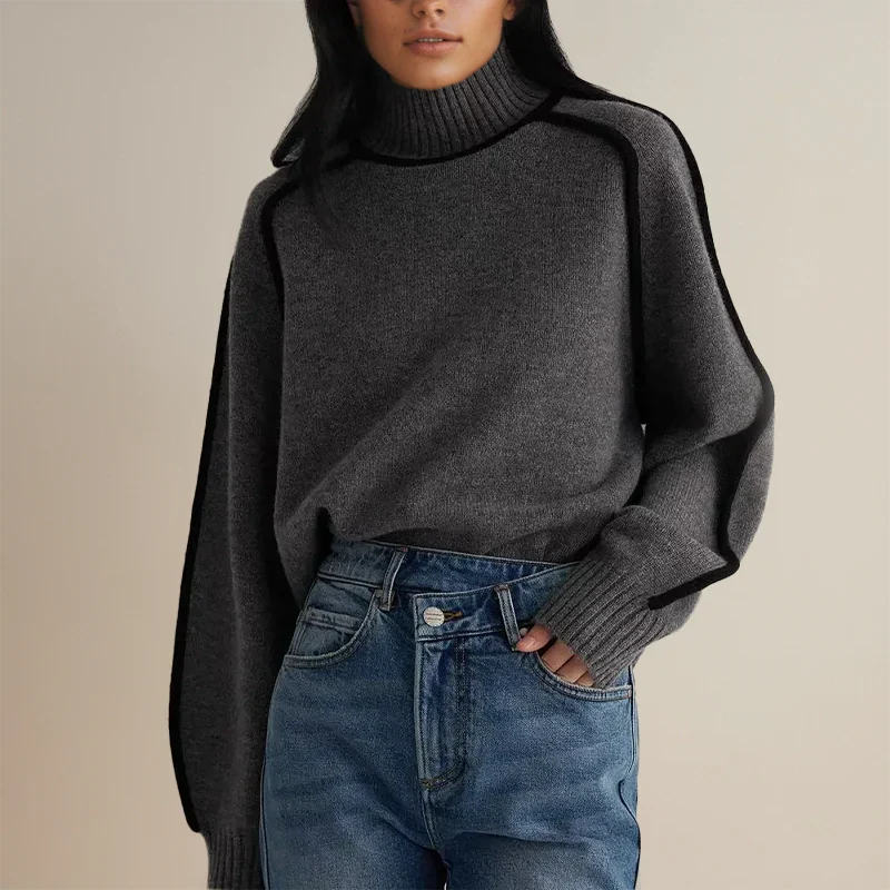 Emma | Women's Ribbed Knit Contrast Trim Turtleneck Sweater with Ribbed Cuffs