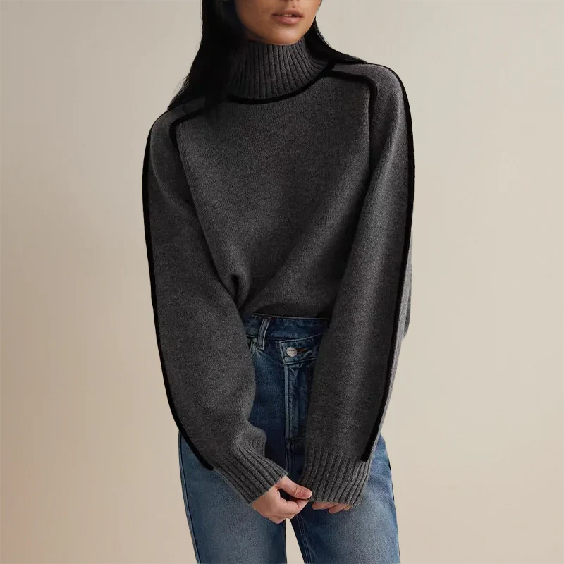 Emma | Women's Ribbed Knit Contrast Trim Turtleneck Sweater with Ribbed Cuffs