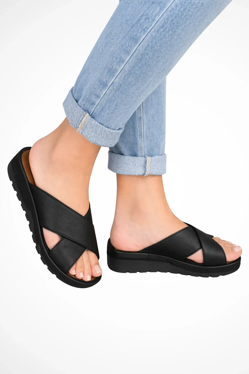 Emma | Women's Slip On Wedge Heel Platform Crossover Slide Sandals
