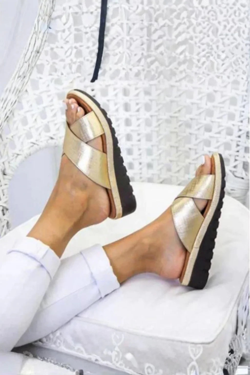 Emma | Women's Slip On Wedge Heel Platform Crossover Slide Sandals