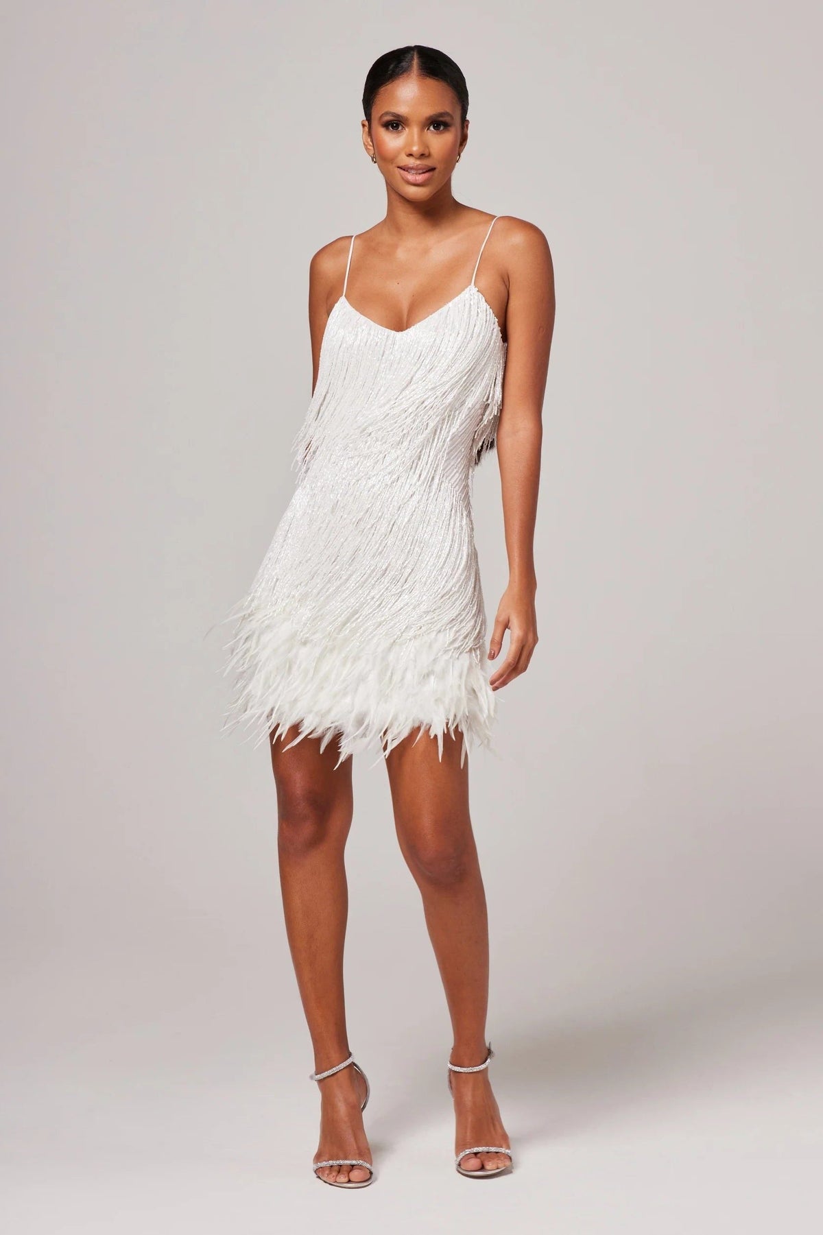 Eolande | Feather Mini Cocktail Dress with V-Neck and Fringe for Women