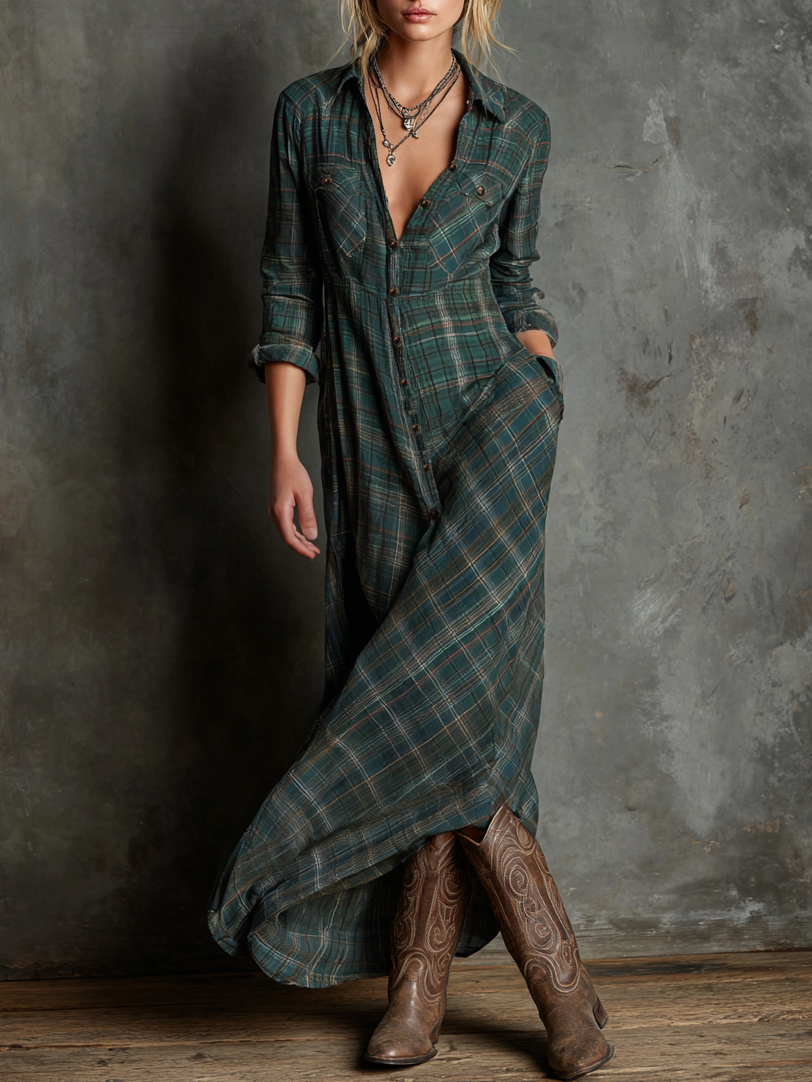 Women's Plaid Lapel Single-Breasted Shirt Maxi Dress