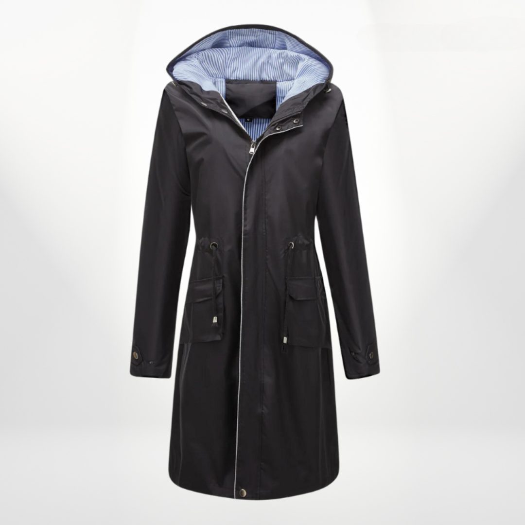Estella | Longline Rain Jacket with Drawstring Waist and Hood for Women