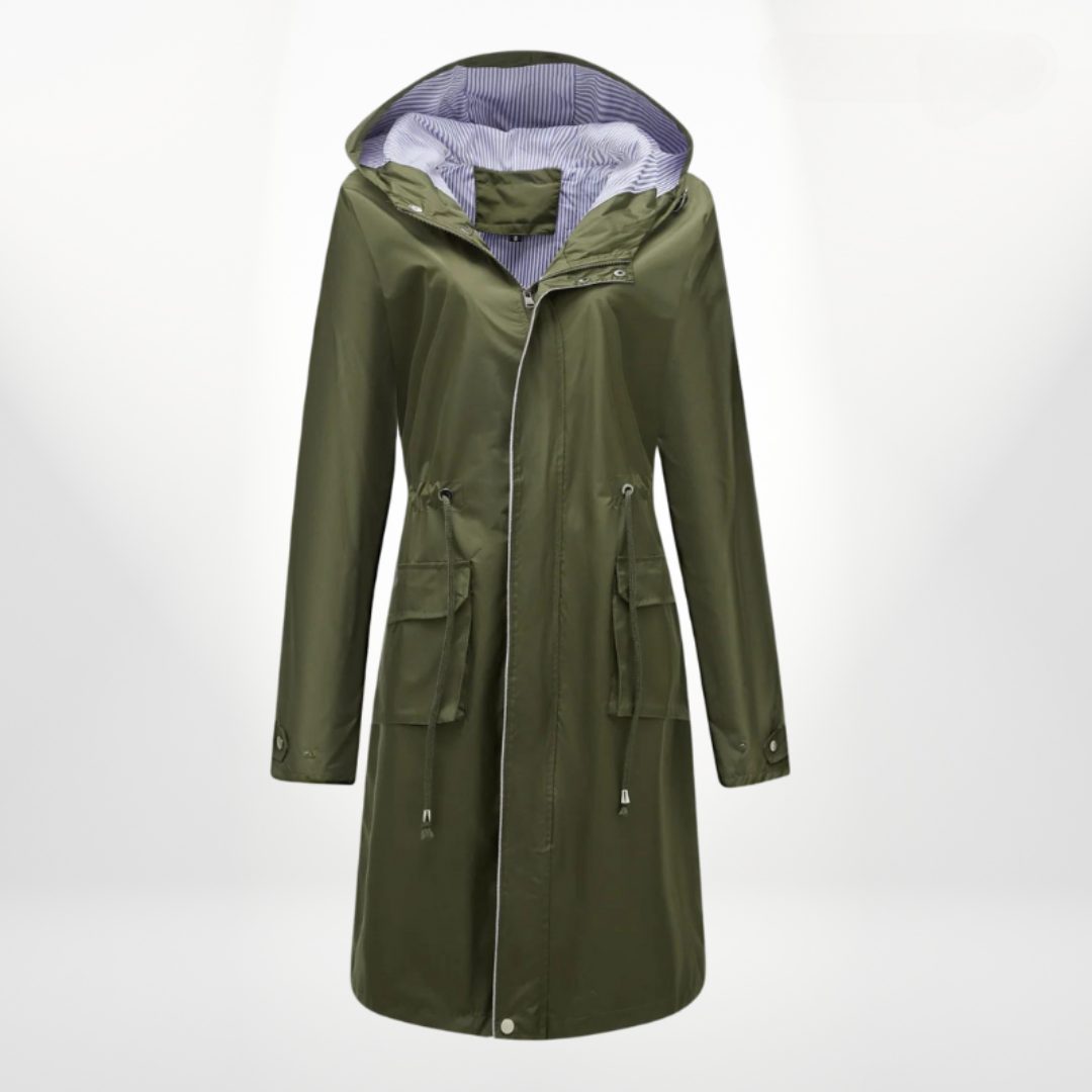 Estella | Longline Rain Jacket with Drawstring Waist and Hood for Women