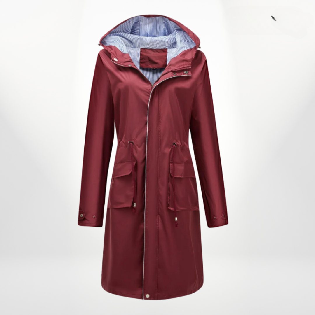 Estella | Longline Rain Jacket with Drawstring Waist and Hood for Women
