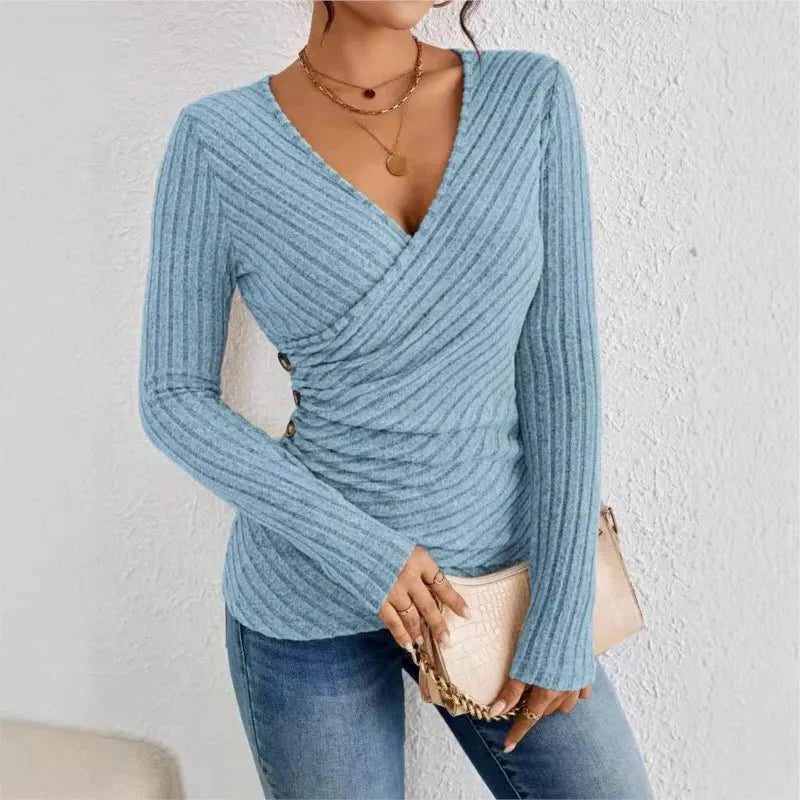 Etheline | Ribbed Knit Wrap Top with Long Sleeves and V-Neck for Women