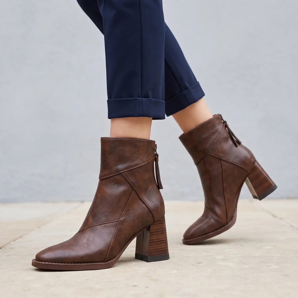 Eudora Leather Stitched Panel Block Heel Boots