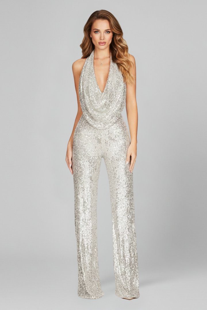 Evangelina | Sequin Halterneck Wide-Leg Jumpsuit for Women