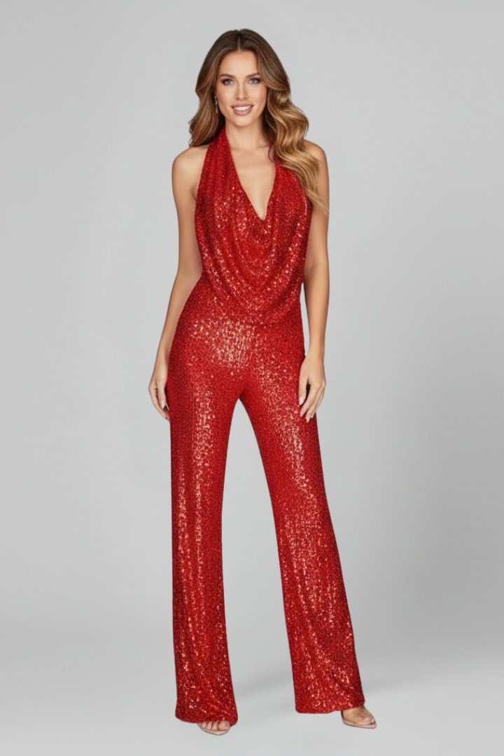 Evangelina | Sequin Halterneck Wide-Leg Jumpsuit for Women