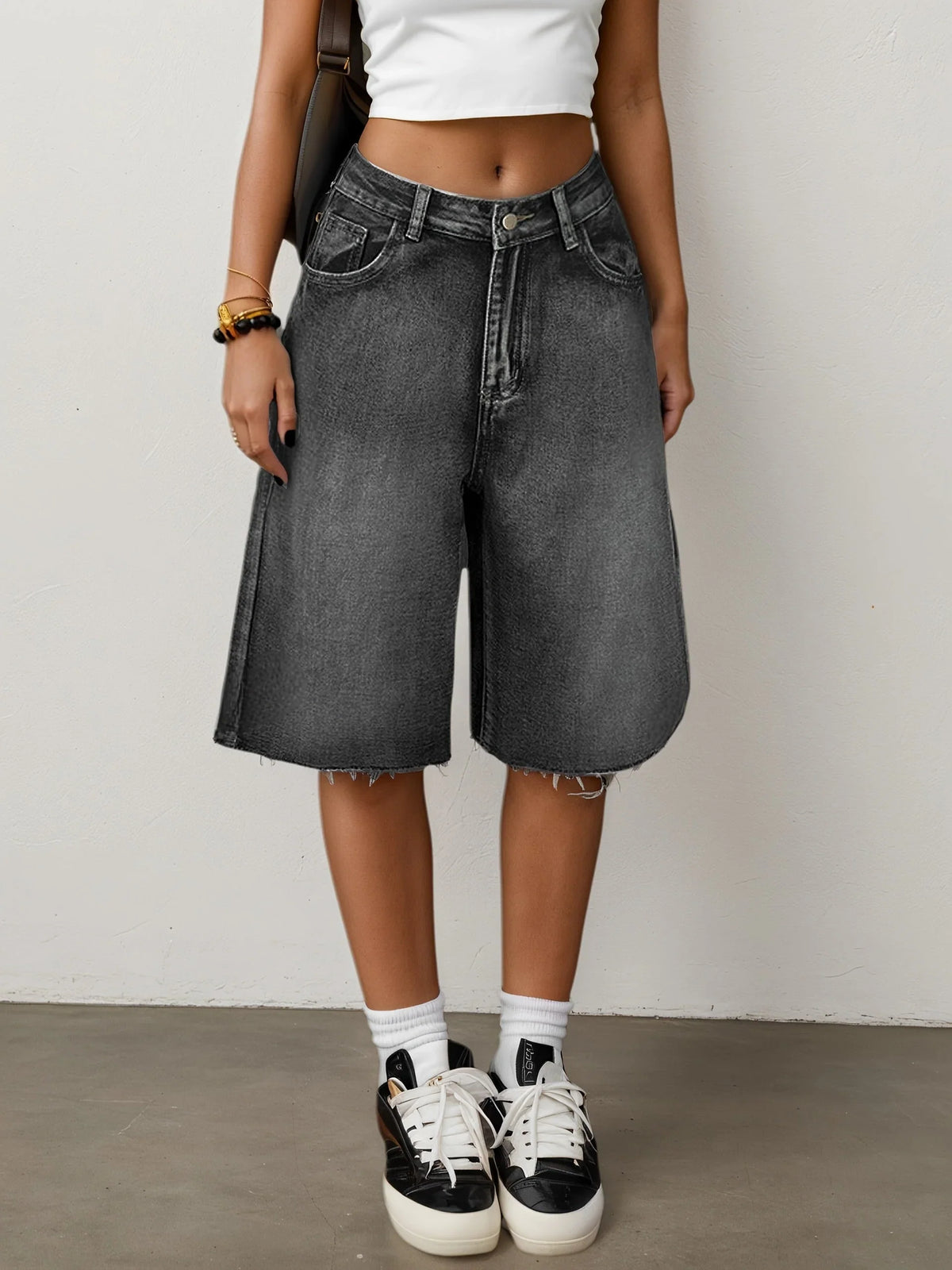Evie | Women's Baggy Denim Wide Leg Shorts with High Waist and Raw Hem