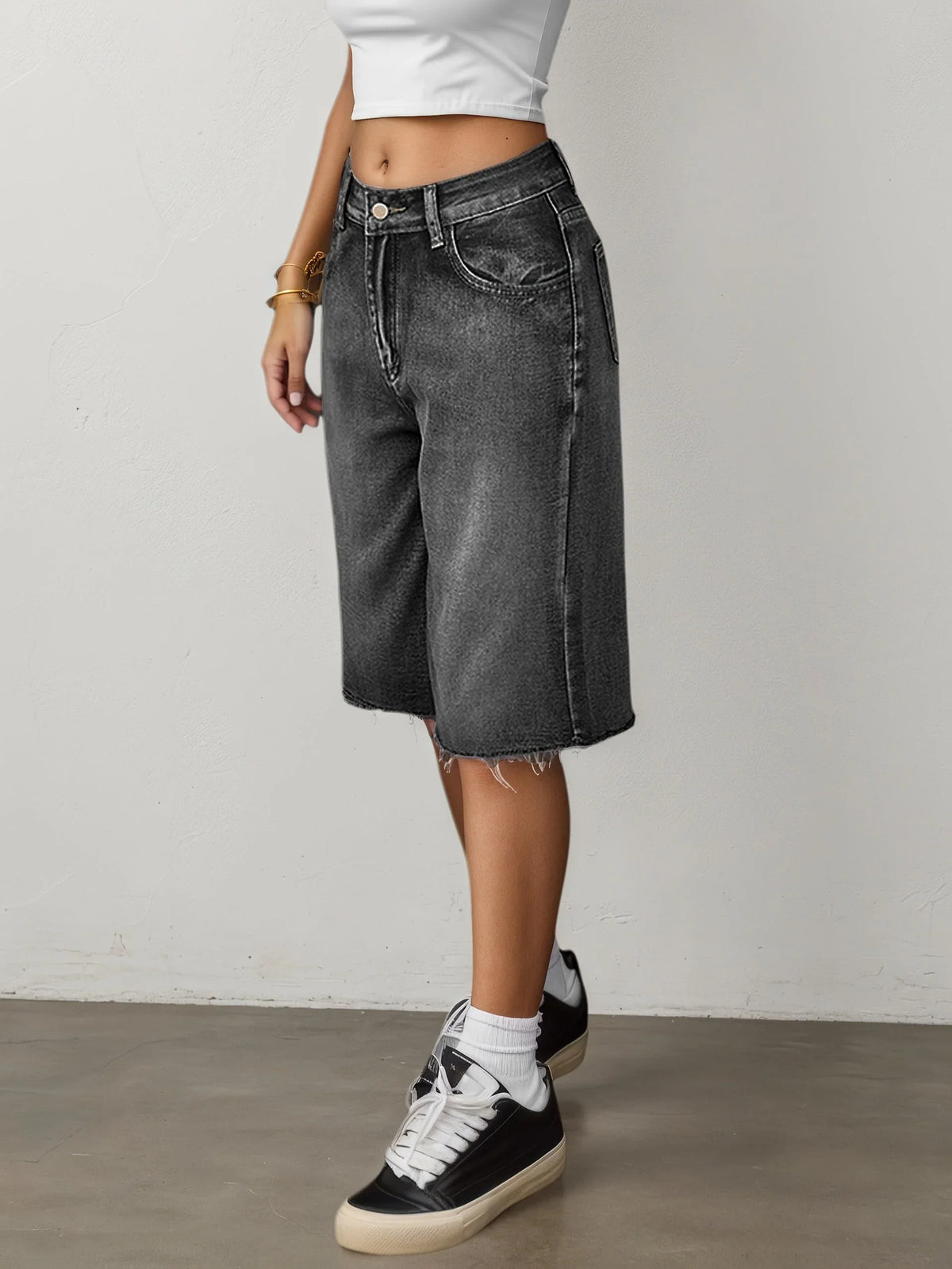 Evie | Women's Baggy Denim Wide Leg Shorts with High Waist and Raw Hem