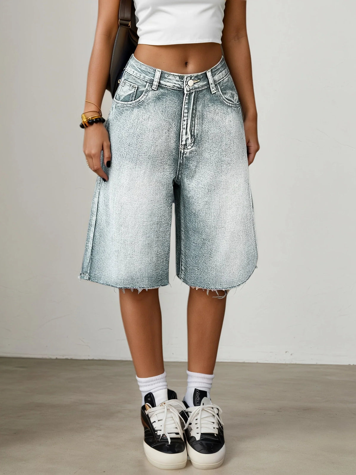 Evie | Women's Baggy Denim Wide Leg Shorts with High Waist and Raw Hem