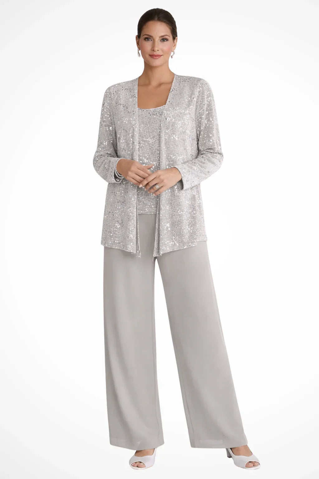 Evie | Women's Sequin Lace Three Piece Wide Leg Wedding Guest Trouser Suit