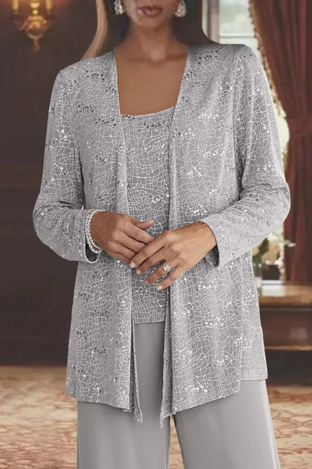 Evie | Women's Sequin Lace Three Piece Wide Leg Wedding Guest Trouser Suit