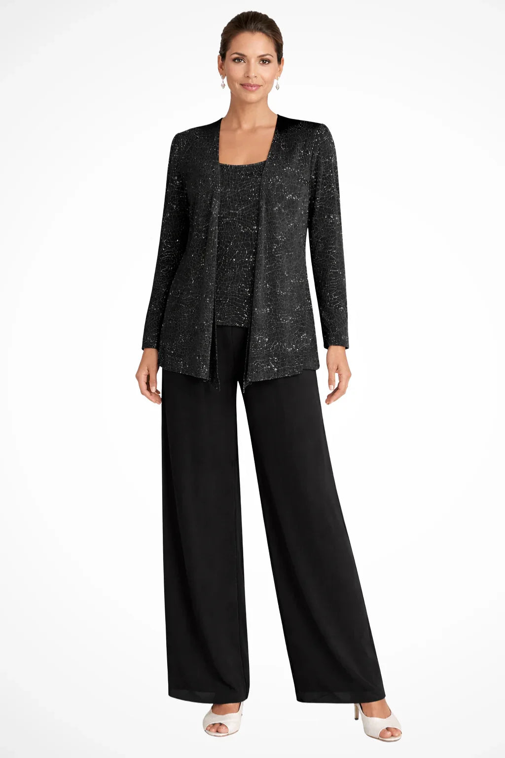 Evie | Women's Sequin Lace Three Piece Wide Leg Wedding Guest Trouser Suit