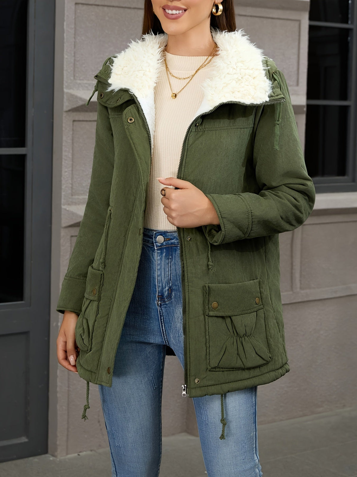 Women's Parka with Hood and Button Front | Drawstring, Pockets | For Winter | Size S-XL | Black, Fern Green