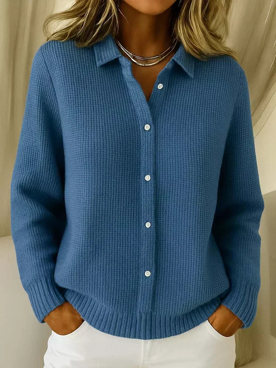 Women's Waffle Knit Cardigan, Collared, Button Front, Long Sleeves