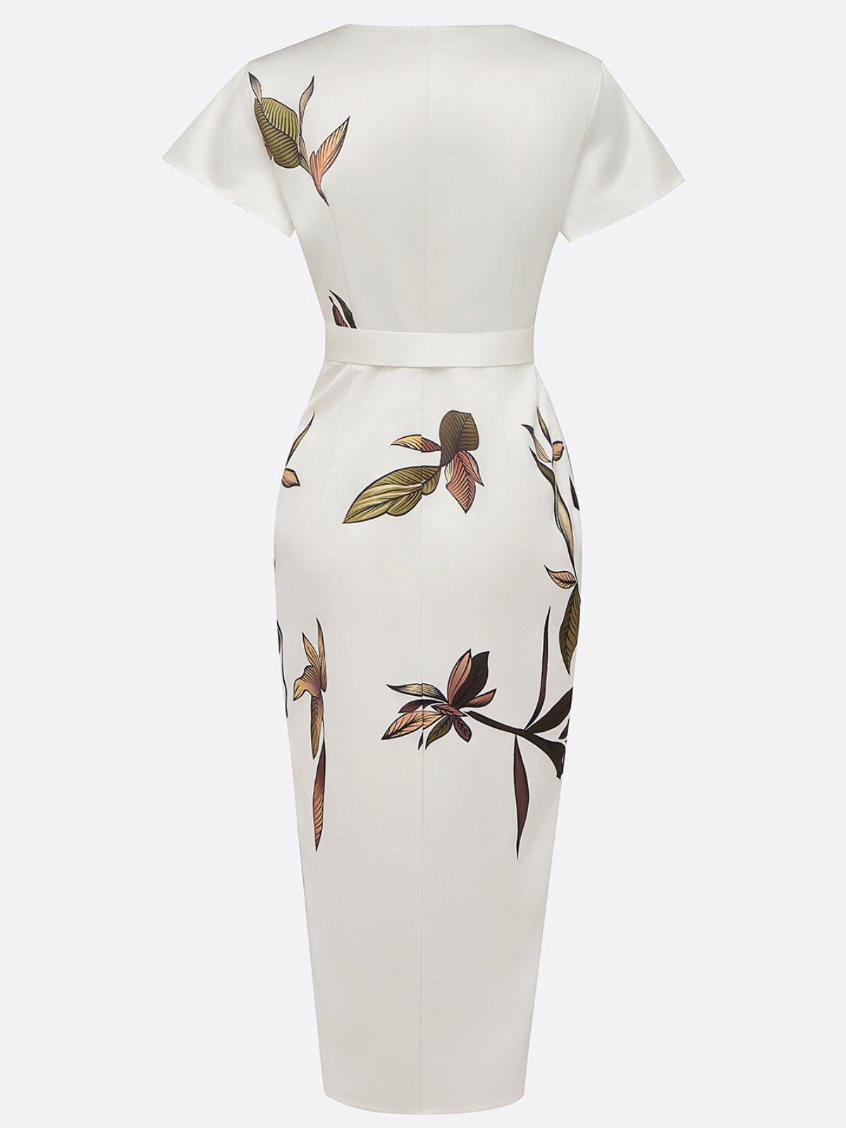 Women's Wrap Dress with a Tie Belt and Leaf Print | Flowing Skirt in White or Light Blue | Size S-3XL, 2 Colors