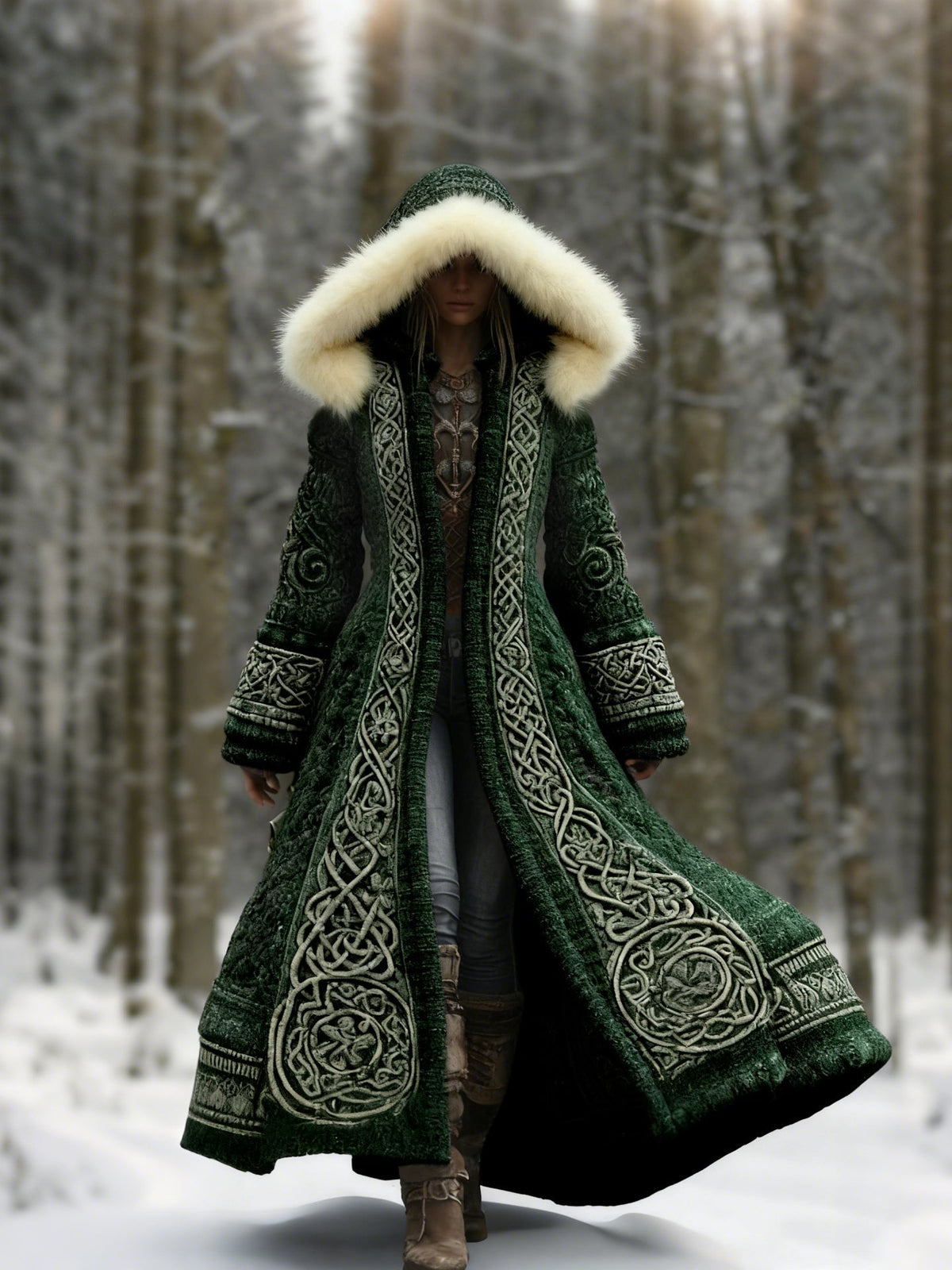 Women's Hooded Embroidered Long Coat, Fur Trim