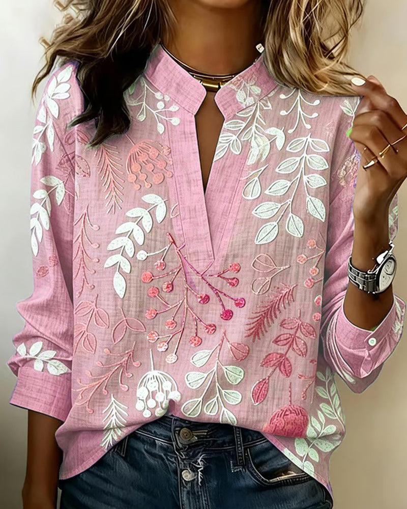 Women's Botanical Print Blouse, Notched Collar, 3/4 Sleeves