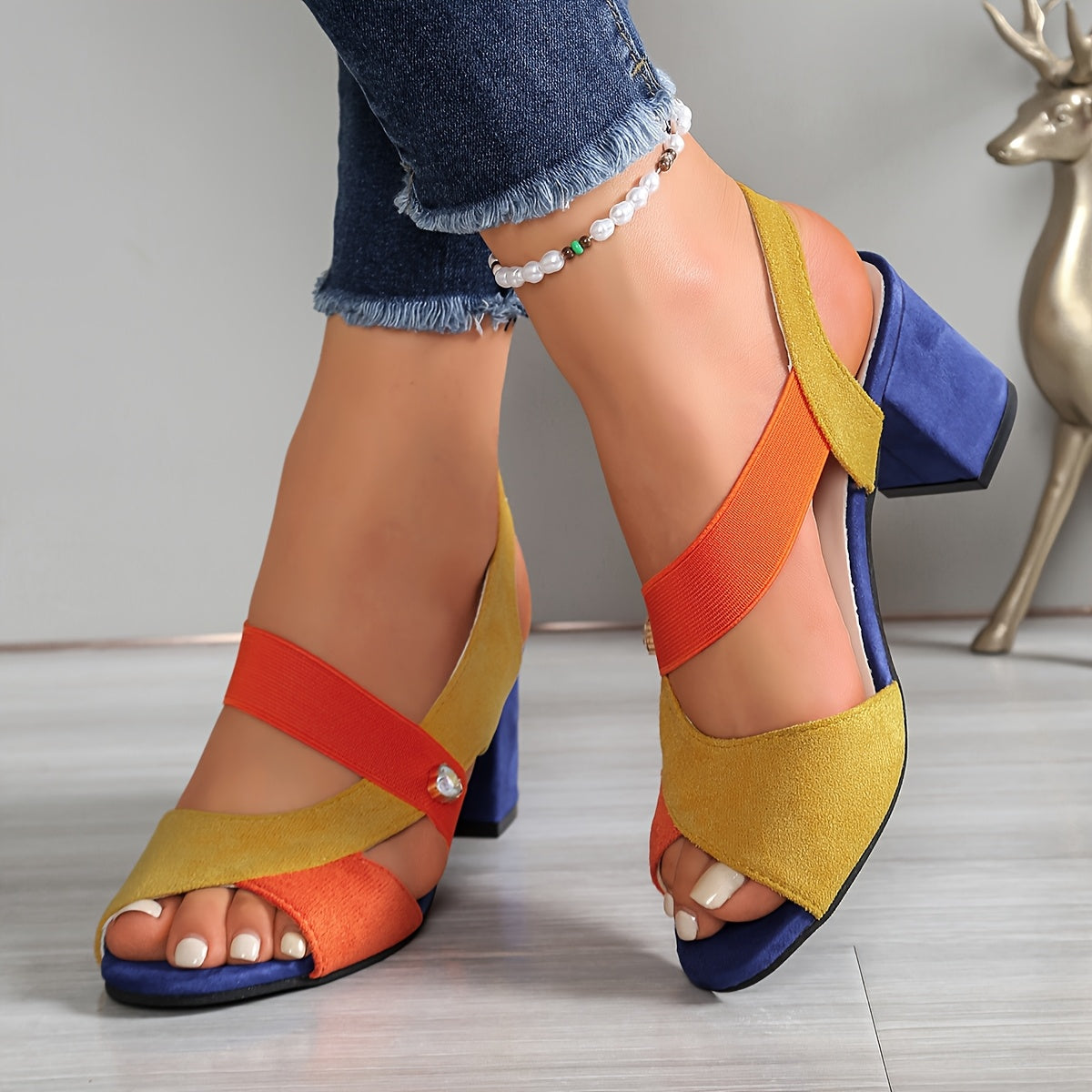 Women's Block Heel Sandals with Stretch Straps Open-Toe