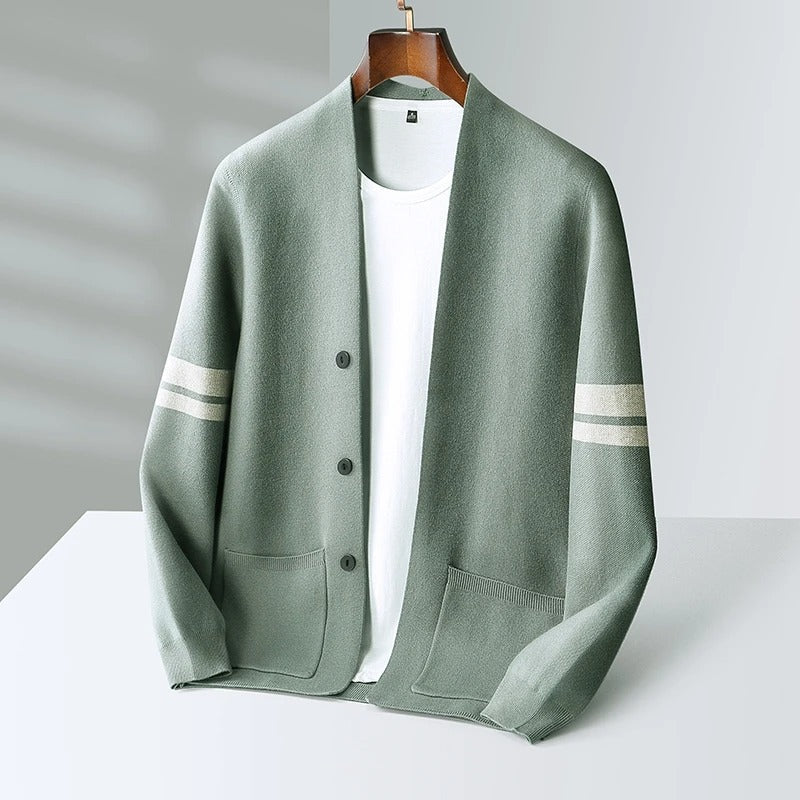 Giancarlo | Mens Merino Wool Blend Cardigan | Sleeve Stripes, Front Pockets | Light Green, Black, Brown and More S-2XL