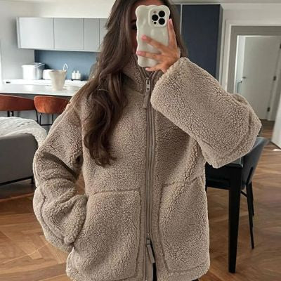 Women's Teddy Fleece Zip-Up Coat, Lapel Collar, Long Sleeves