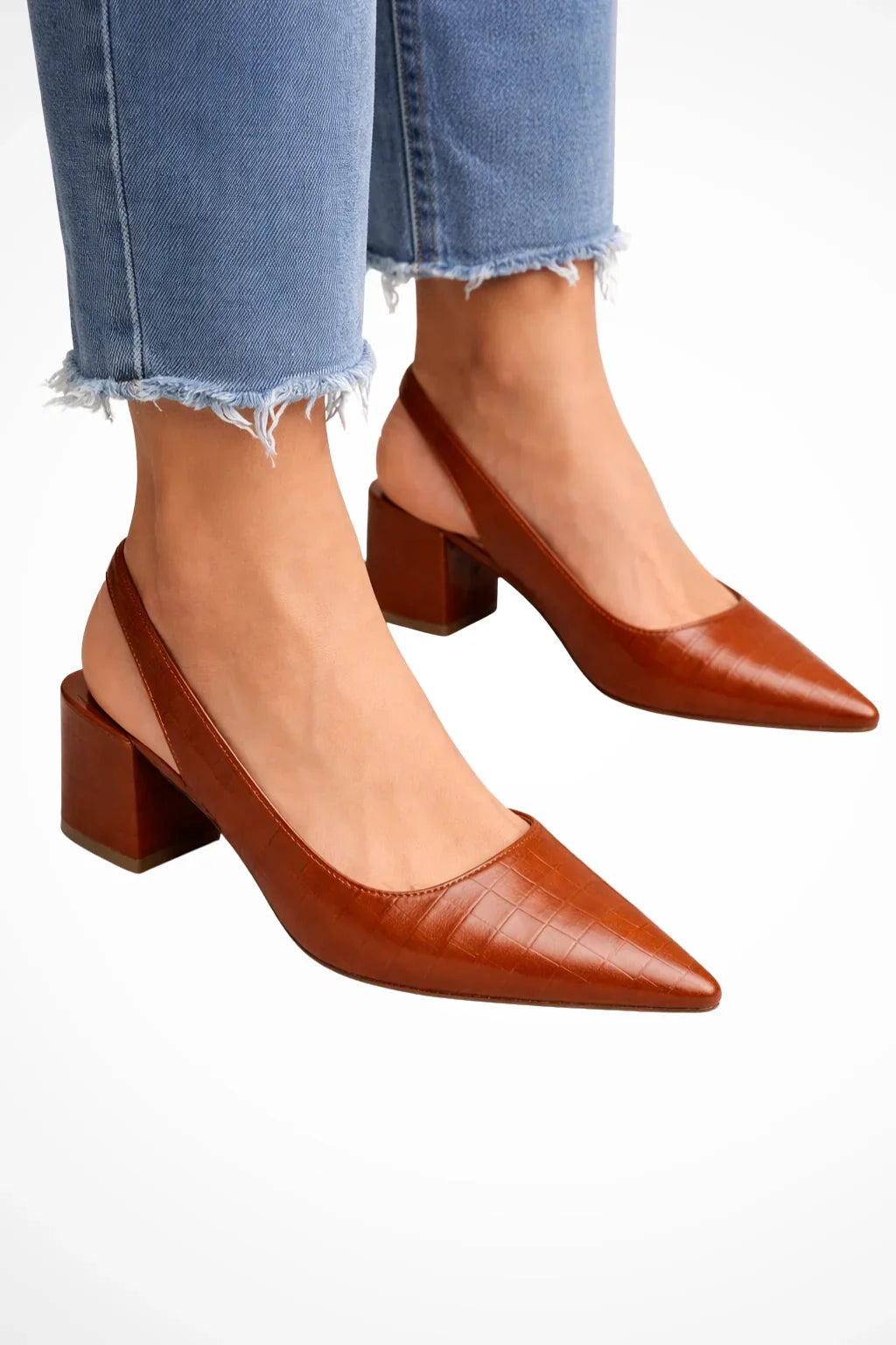 Faith | Women's Pointed Toe Slingback Block Heel Pumps with Ankle Strap