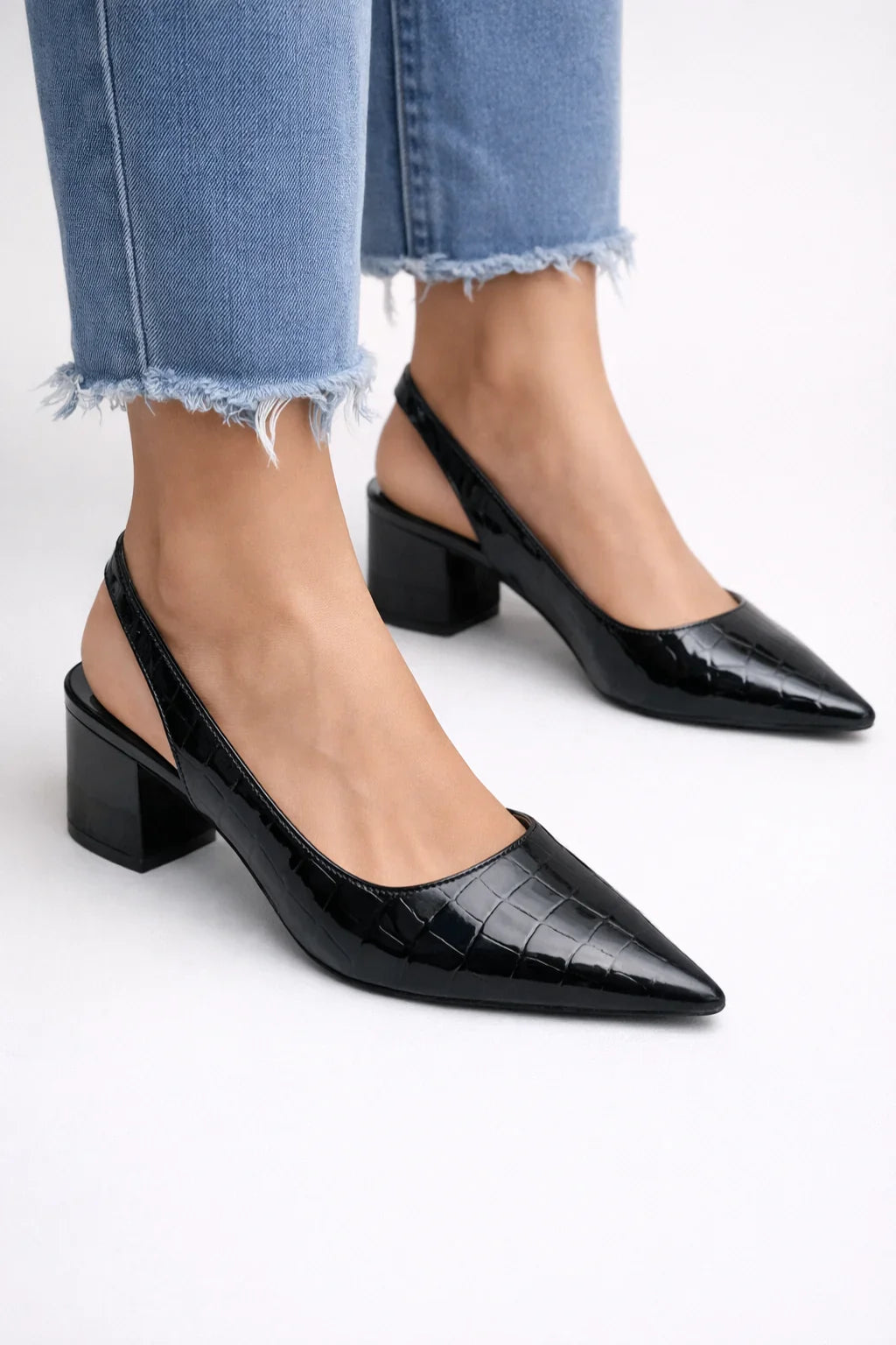 Faith | Women's Pointed Toe Slingback Block Heel Pumps with Ankle Strap