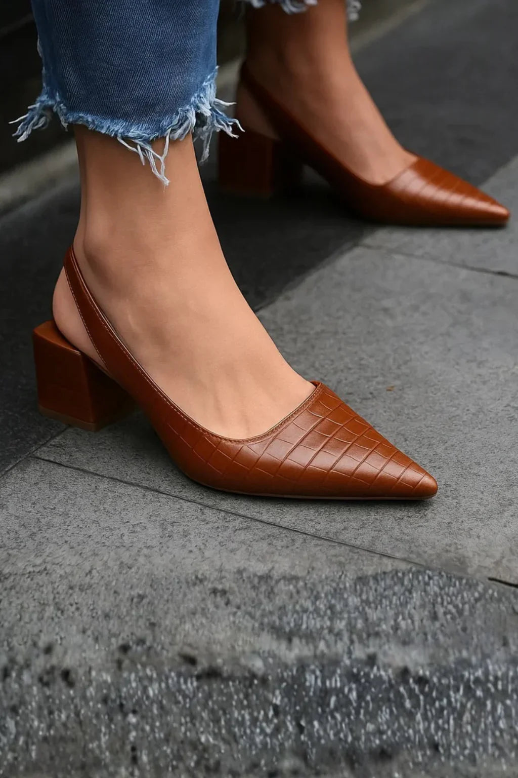 Faith | Women's Pointed Toe Slingback Block Heel Pumps with Ankle Strap