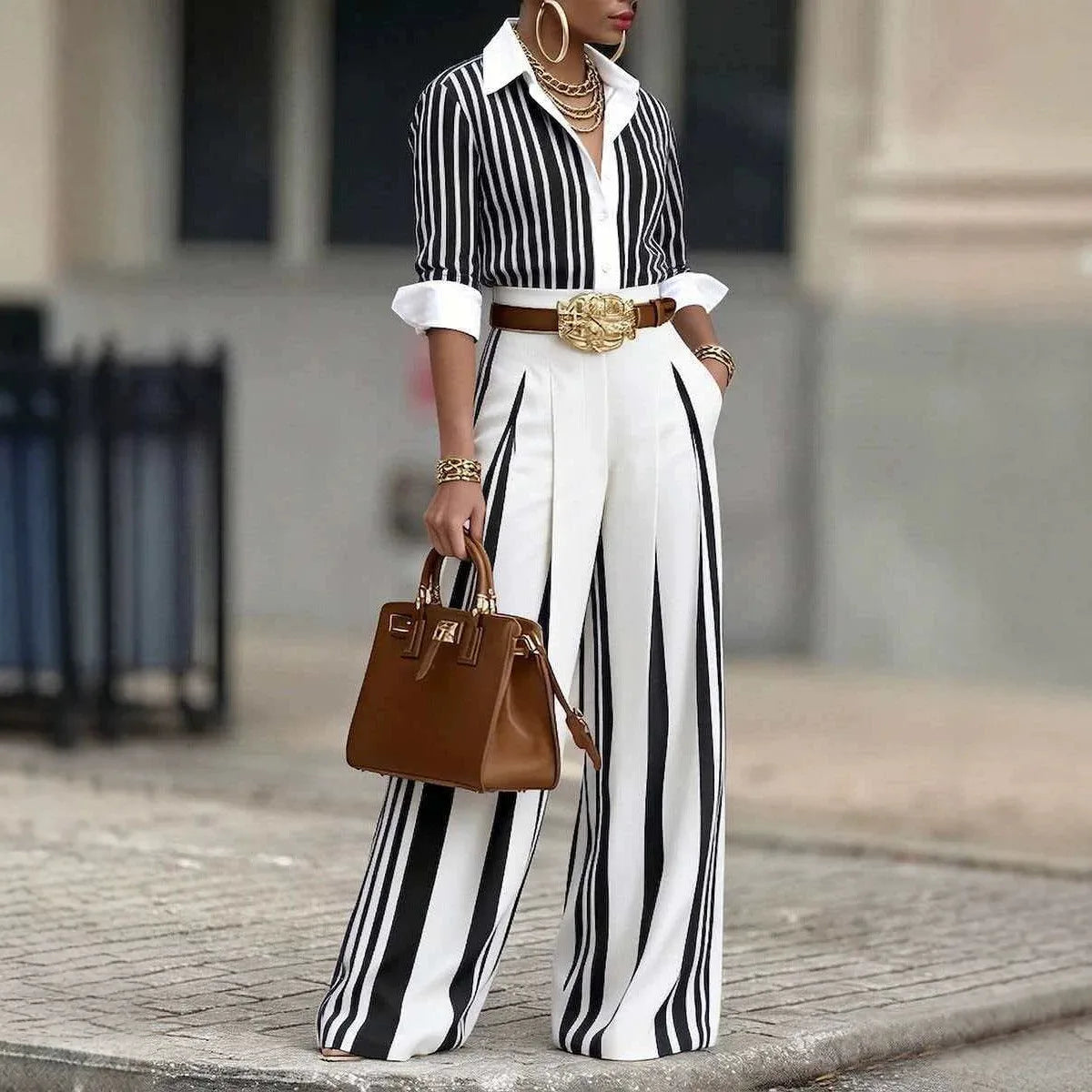 Fannie | Women's Elegant Striped Wide-Leg Co-Ord Set