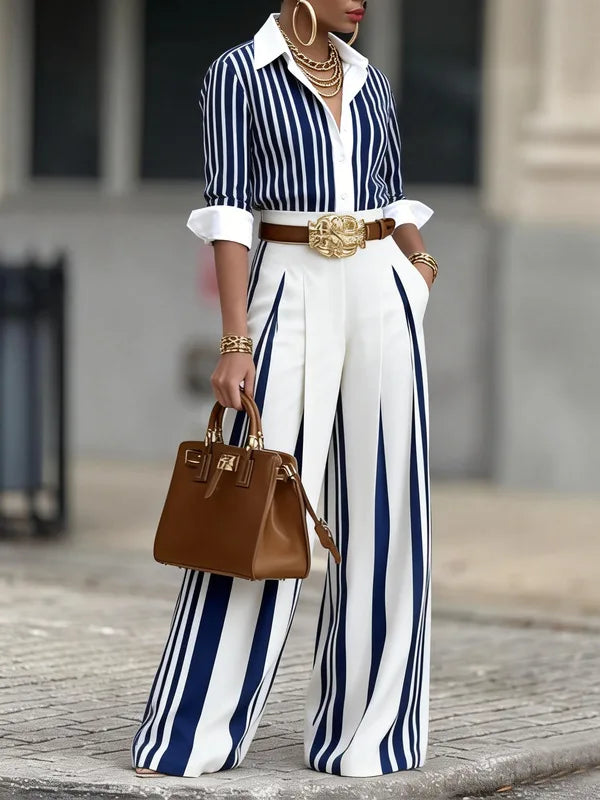 Fannie | Women's Elegant Striped Wide-Leg Co-Ord Set