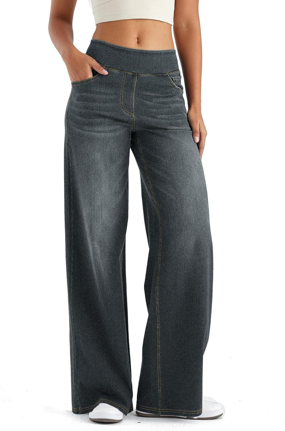 Fara | Denim High Waist Wide Leg Pants with Fleece Lining for Women