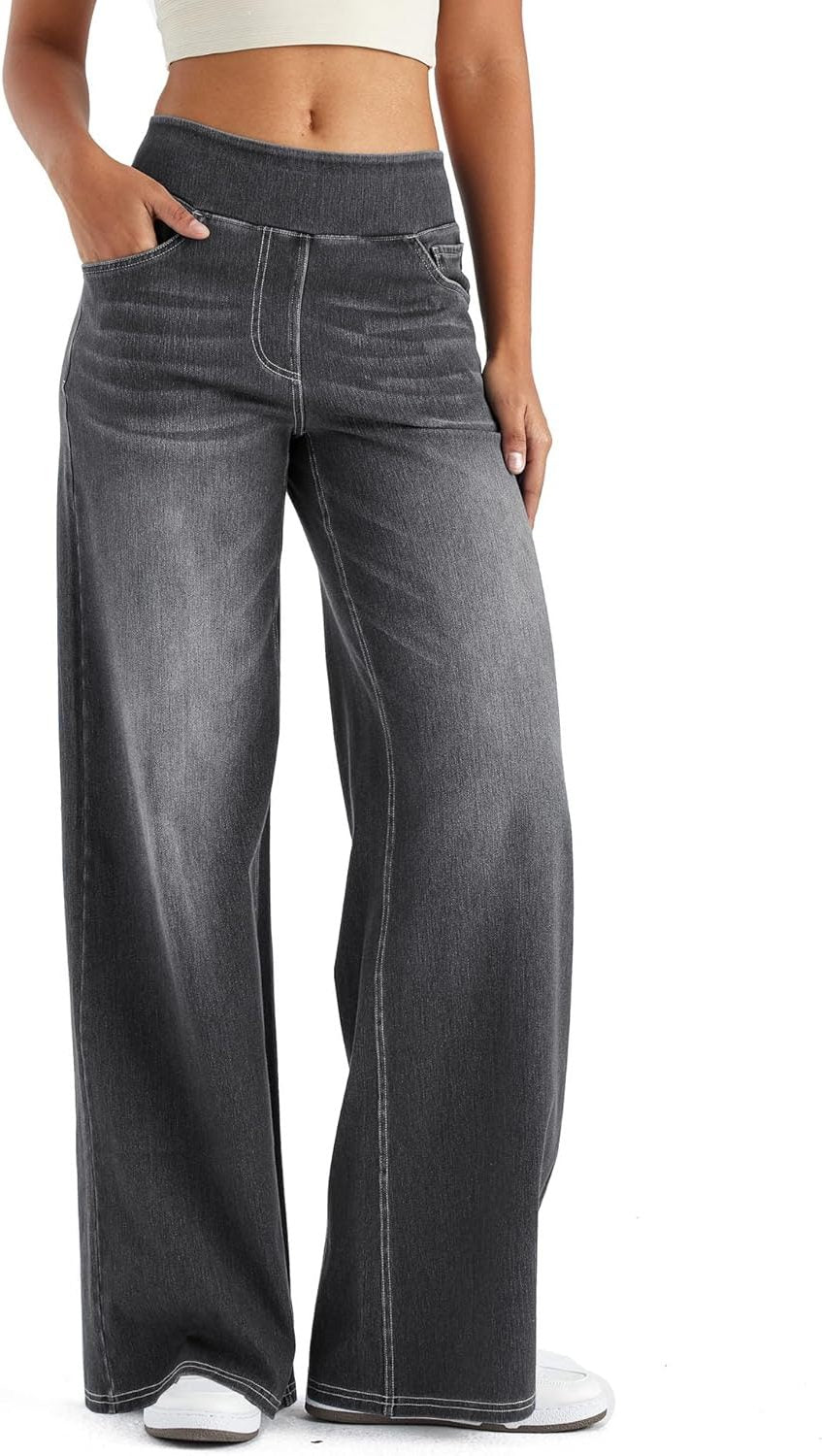 Fara | Denim High Waist Wide Leg Pants with Fleece Lining for Women